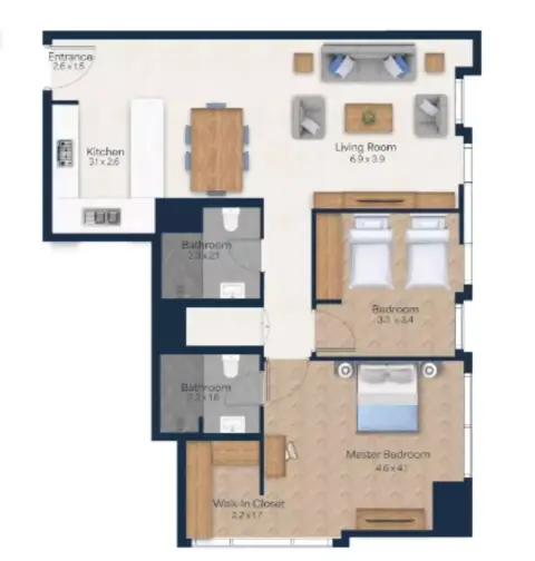 Vista Heights: Floor plan Type A2, 1,005 sq ft