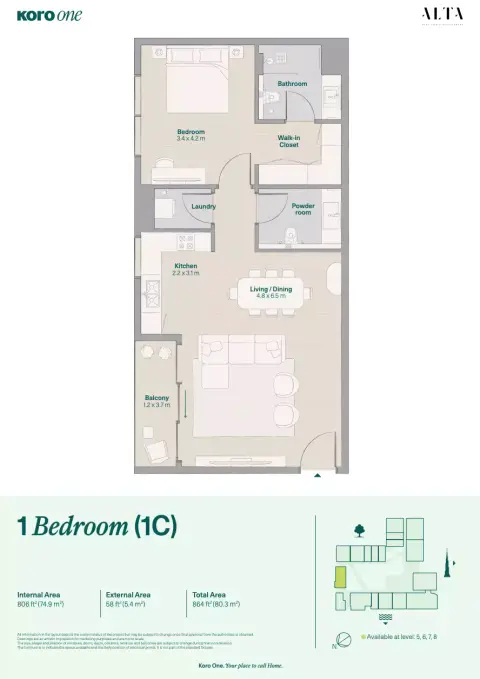 KORO One: फ़्लोर प्लान Type 1C, 864 sq ft
