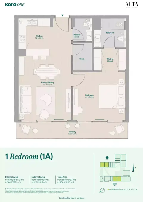 KORO One: फ़्लोर प्लान Type A1, 864 sq ft