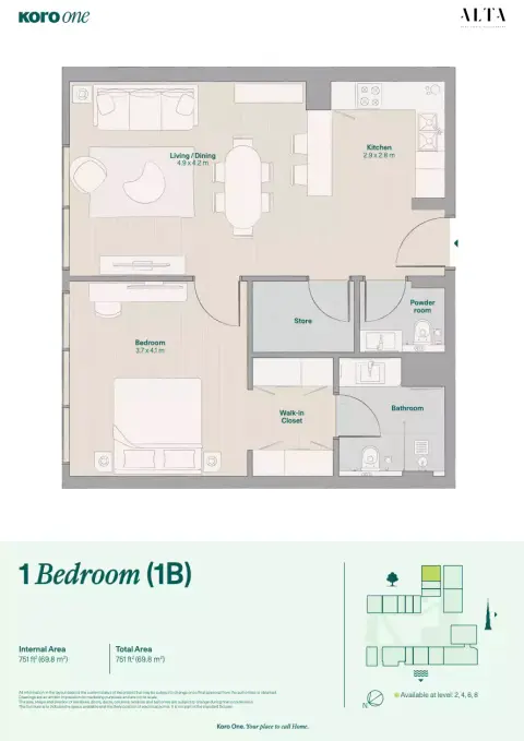 KORO One: फ़्लोर प्लान Type 1B, 751 sq ft