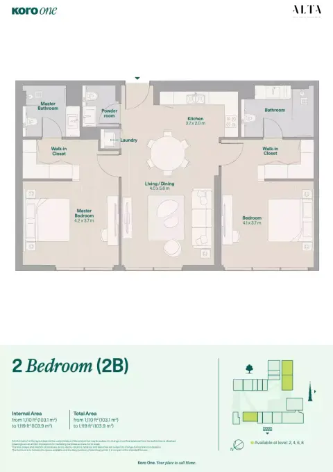 KORO One: फ़्लोर प्लान Type 2B, 1,119 sq ft