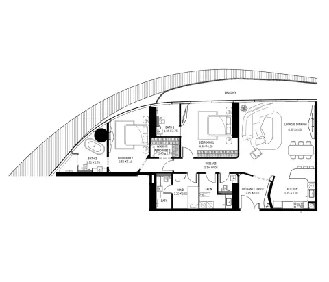 Bugatti Residences: Floor plan Type A, 2,017 sq ft