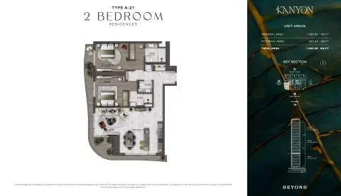 Kanyon: Floor plan Type A21, 1,300 sq ft