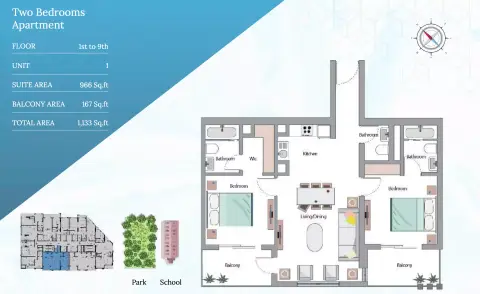 إديسون هاوس: مخطط الطابق Type 1, 1,133 sq ft