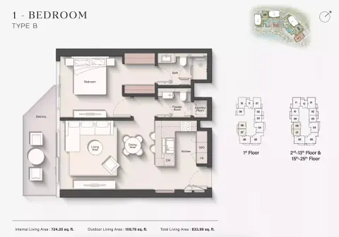 Eltiera Views: Floor plan Type B, 833 sq ft