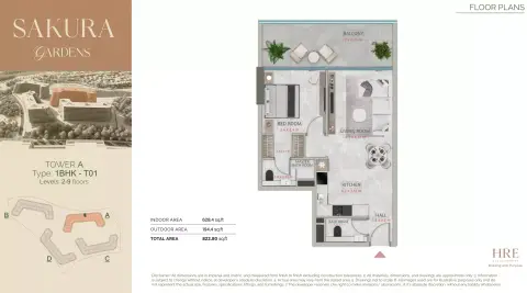 Sakura Gardens: Floor plan Type A-220, 823 sq ft