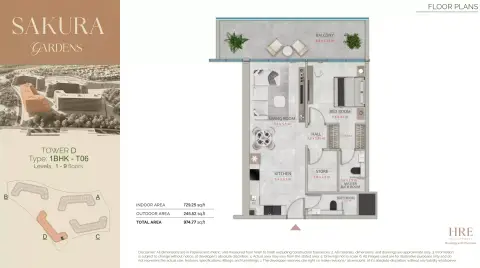 Sakura Gardens: Floor plan Type A-829, 975 sq ft