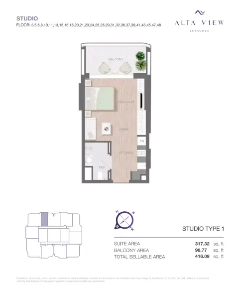 Alta View Skyhomes: Floor plan Type 1, 416 sq ft