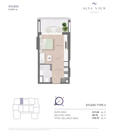 Alta View Skyhomes: Floor plan Type 3, 416 sq ft