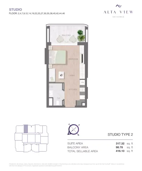 Alta View Skyhomes: Floor plan Type 2, 416 sq ft