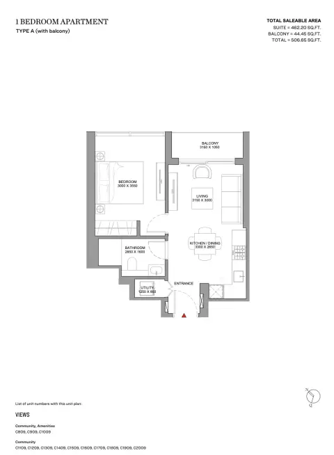 Skyvue Spectra: Type A (with balcony), 507 sq ft 户型图