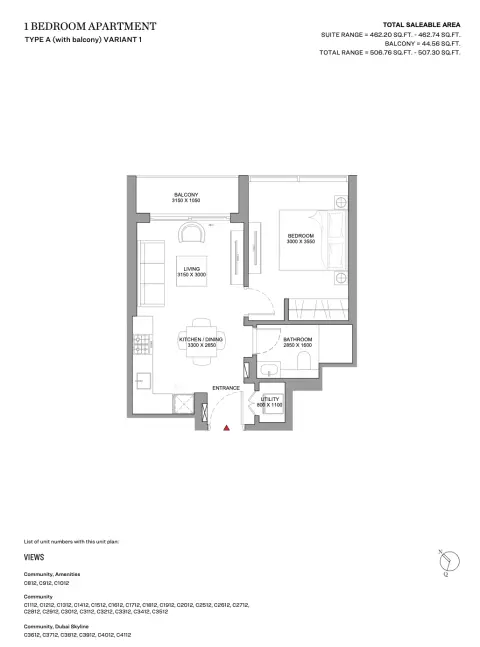 Skyvue Spectra: Type A (With Balcony) Variant 1, 507 sq ft 户型图