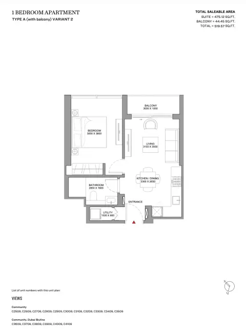 Skyvue Spectra: Type A (With Balcony) Variant 2, 520 sq ft 户型图