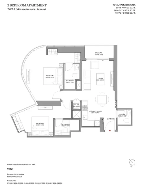Skyvue Spectra: Type A (with powder room + balcony), 973 sq ft 户型图