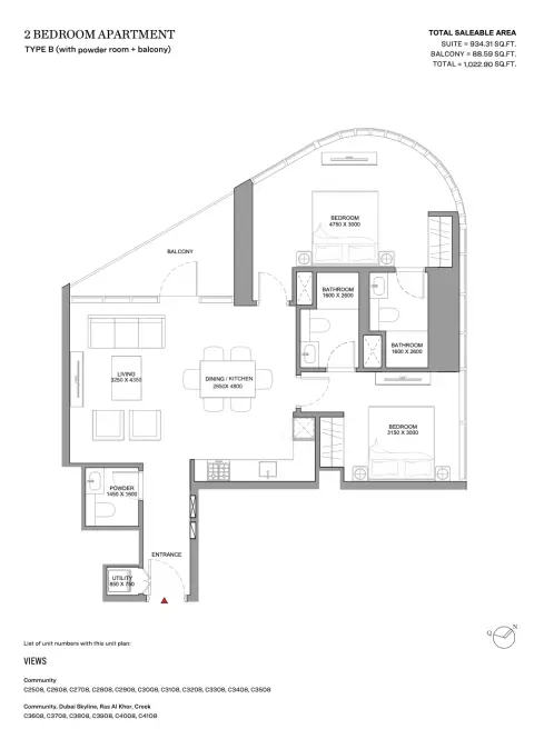 Skyvue Spectra: Type B (with powder room + balcony), 1,023 sq ft 户型图