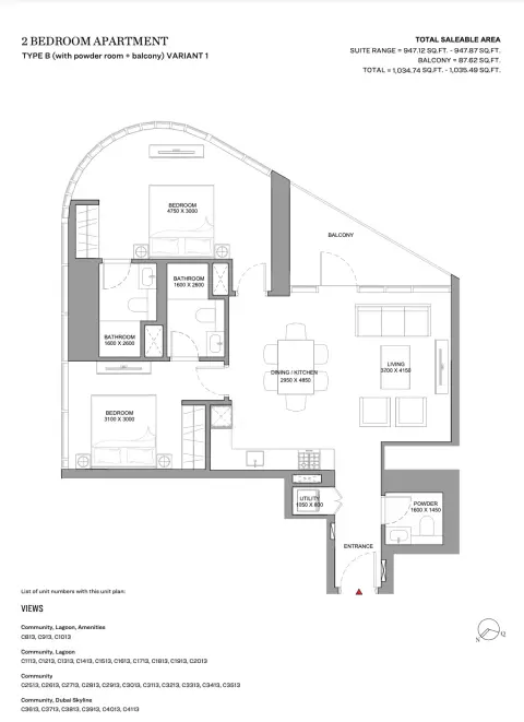 Skyvue Spectra: Type B (with powder room + balcony) Variant 1, 1,035 sq ft 户型图
