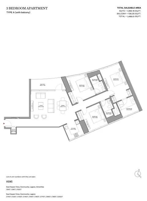 Skyvue Spectra: Type A (with balcony), 1,490 sq ft 户型图