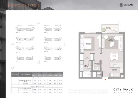 City Walk Crestlane: फ़्लोर प्लान Type B - 1 BR, 792 sq ft