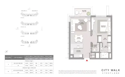 City Walk Crestlane: फ़्लोर प्लान Type C - 1 BR, 788 sq ft