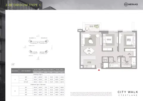 City Walk Crestlane: फ़्लोर प्लान Type C - 2 BR, 1,164 sq ft