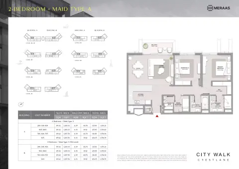 City Walk Crestlane: फ़्लोर प्लान Type A + Maid - 2 BR, 1,354 sq ft