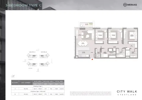 City Walk Crestlane: फ़्लोर प्लान Type C - 3 BR, 1,632 sq ft
