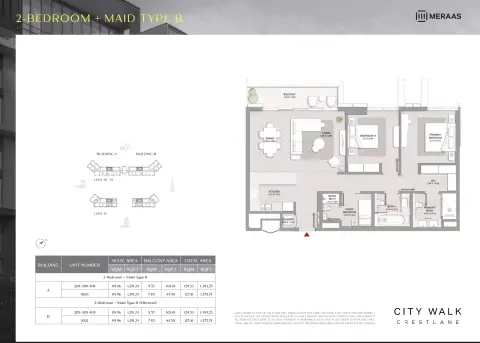 City Walk Crestlane: फ़्लोर प्लान Type B + Maid - 2 BR, 1,394 sq ft