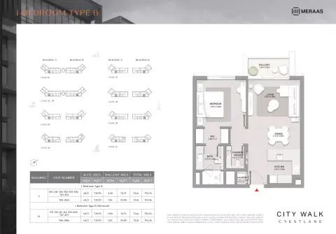 City Walk Crestlane: फ़्लोर प्लान Type B Mirrored - 1 BR, 792 sq ft