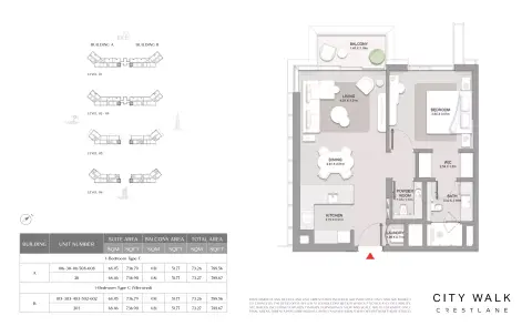 City Walk Crestlane: फ़्लोर प्लान Type C Mirrored - 1 BR, 788 sq ft