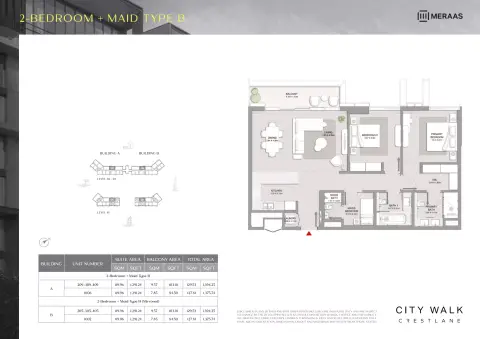 City Walk Crestlane: फ़्लोर प्लान Type B Mirrored + Maid - 2 BR, 1,394 sq ft