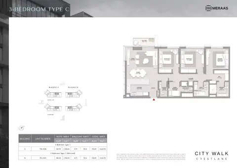 City Walk Crestlane: फ़्लोर प्लान Type C Mirrored - 3 BR, 1,632 sq ft