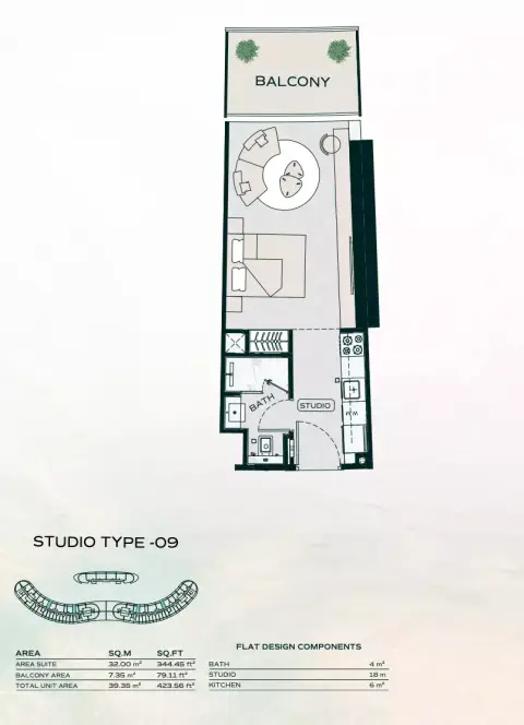 بن غاطي أكواريز: مخطط الطابق Type G, 423 sq ft