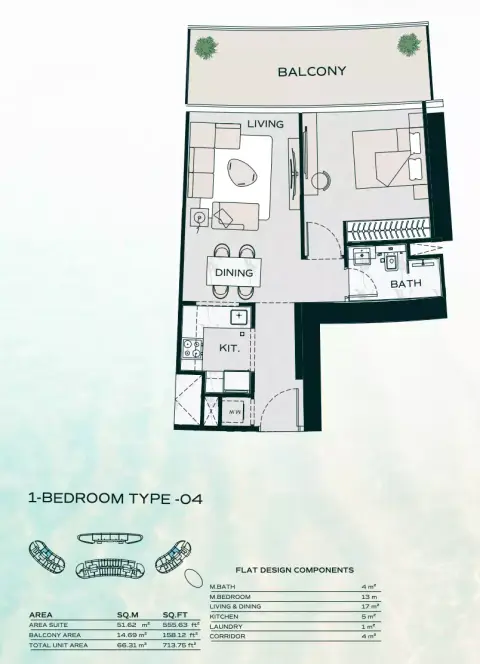 بن غاطي أكواريز: مخطط الطابق Type C, 713 sq ft