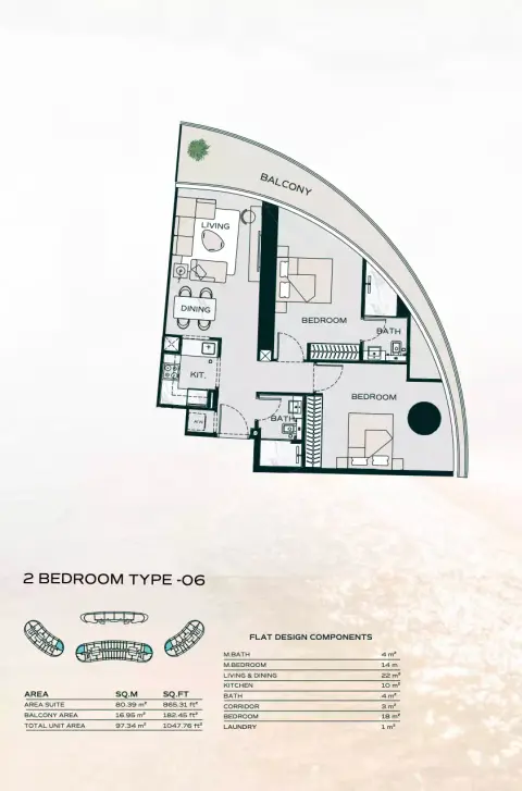 بن غاطي أكواريز: مخطط الطابق Type F, 1,047 sq ft