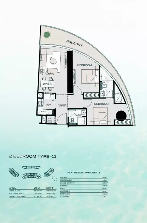 بن غاطي أكواريز: مخطط الطابق Type K, 979 sq ft