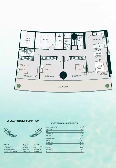 بن غاطي أكواريز: مخطط الطابق Type F, 1,951 sq ft