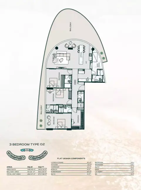 بن غاطي أكواريز: مخطط الطابق Type H + Maid, 2,717 sq ft