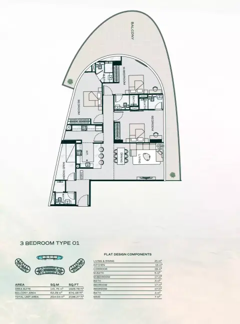 بن غاطي أكواريز: مخطط الطابق Type G + Maid, 2,196 sq ft