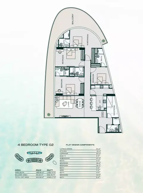 بن غاطي أكواريز: مخطط الطابق Type B + Maid, 2,385 sq ft