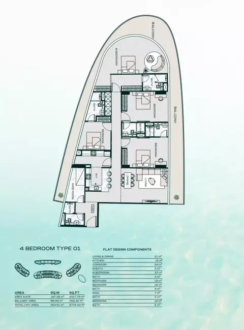 بن غاطي أكواريز: مخطط الطابق Type A + Maid, 2,718 sq ft