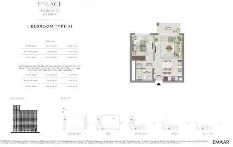 بالاس ريزيدنسز هيلسايد إيه: مخطط الطابق Type A1, 675 sq ft