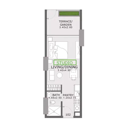 Coventry 2: Floor plan Type A, 369 sq ft