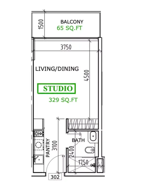 كوفنتري ريزيدنس: مخطط الطابق Type B, 380 sq ft