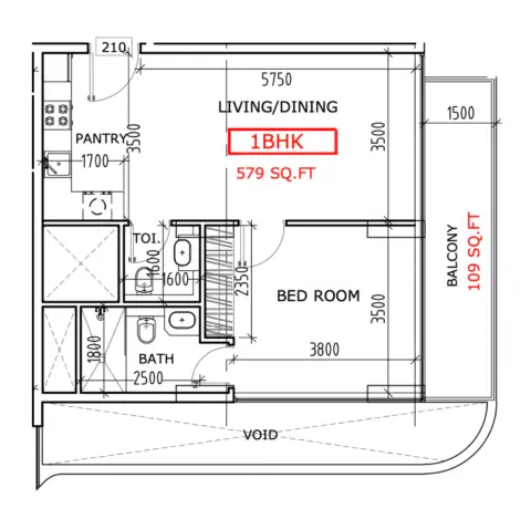 كوفنتري ريزيدنس: مخطط الطابق Type A, 880 sq ft