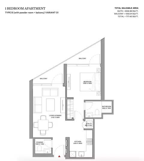 Skyvue Stellar: Floor plan Type B Variant 01, 717 sq ft