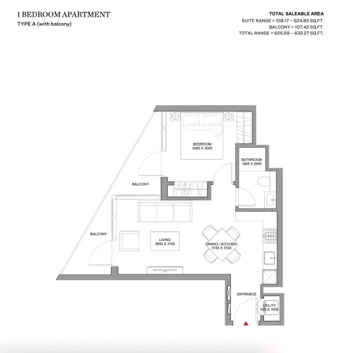 Skyvue Stellar: Floor plan Type A, 625 sq ft