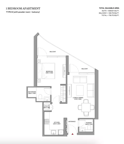 Skyvue Stellar: Floor plan Type B, 718 sq ft