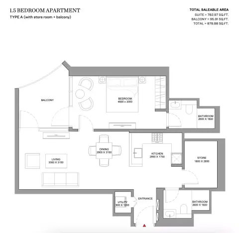 Skyvue Stellar: Floor plan Type A (With Store Room), 878 sq ft