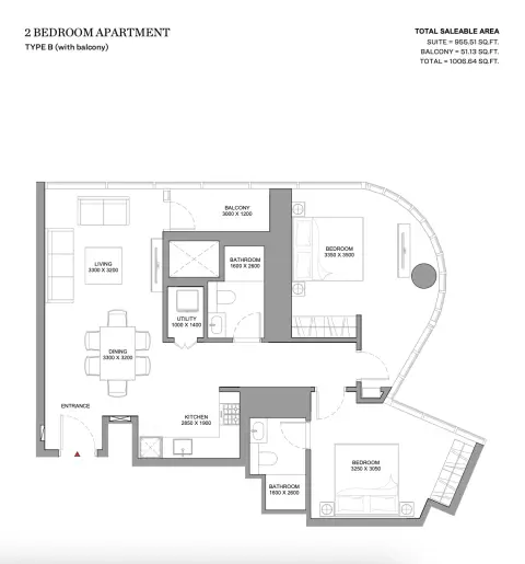 Skyvue Stellar: Floor plan Type B, 1,006 sq ft