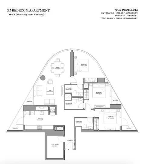 Skyvue Stellar: Floor plan Type A ( With Study Room), 1,598 sq ft